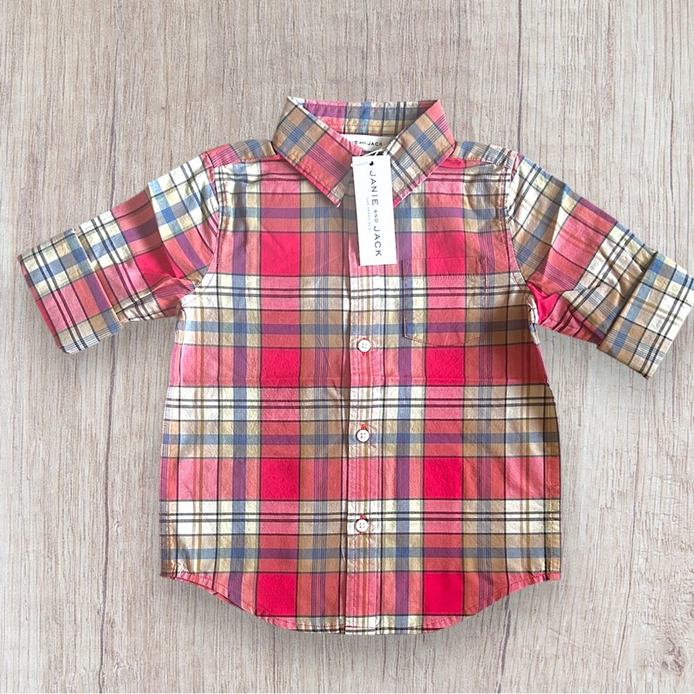 NWT Janie and Jack Button Up Shirt Plaid Red Boys Size 3